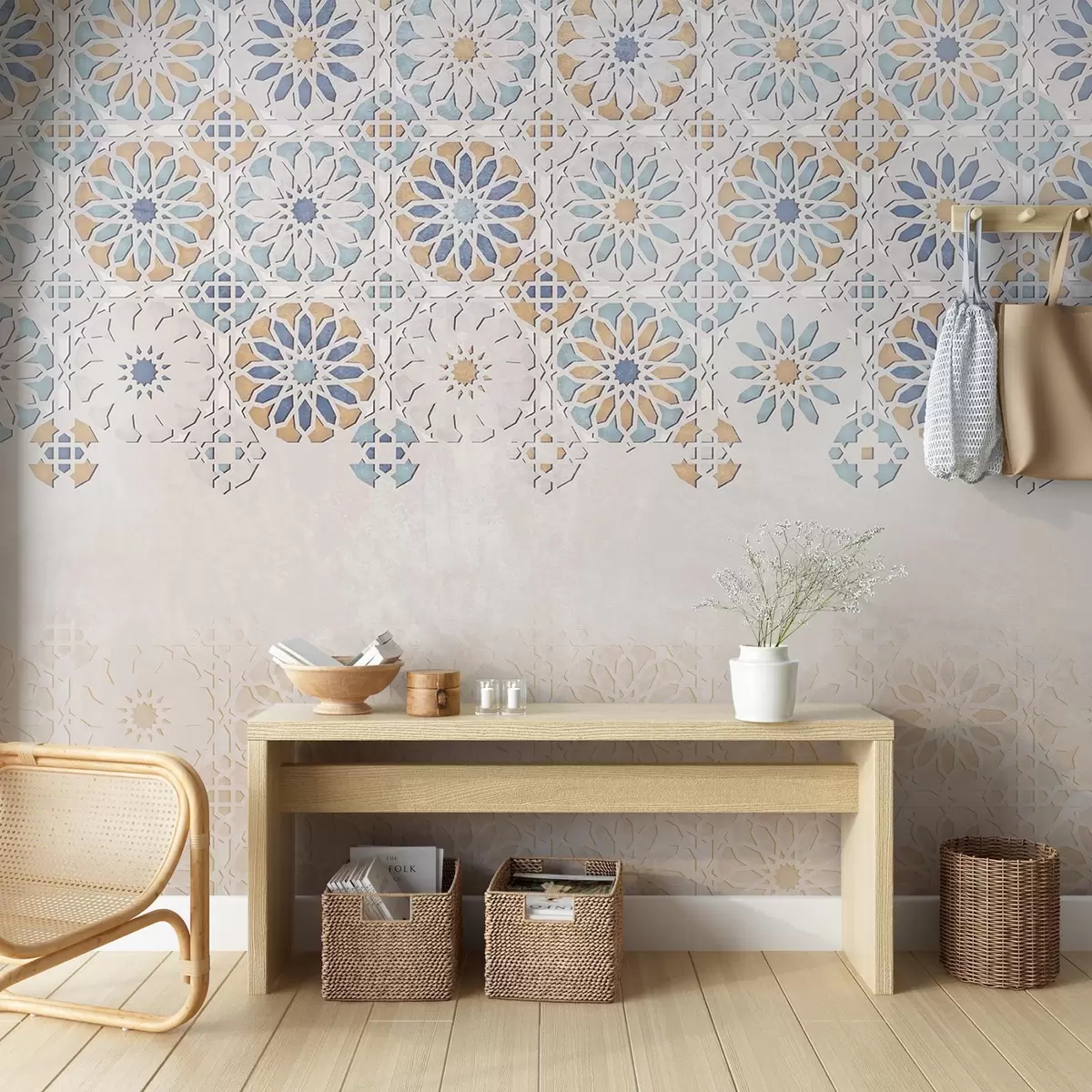 Fototapet En strukturerad vägg med ett upprepande tryck av invecklade, utsmyckade mönster i nyanser av blått, grått och beige w08407