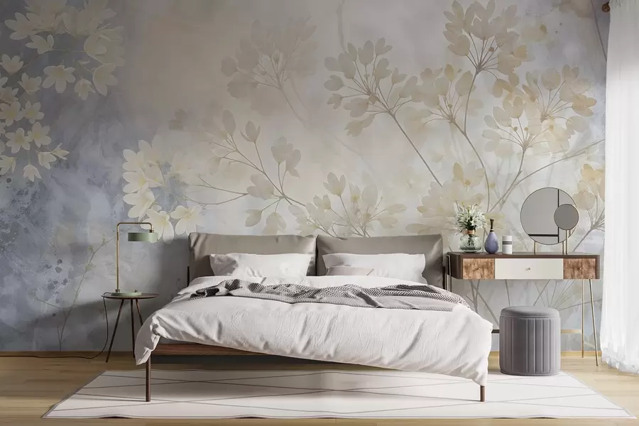 Fototapet Fint abstrakt pastelltryck av vita blommor på suddig bakgrund, mjukt och eteriskt w08408