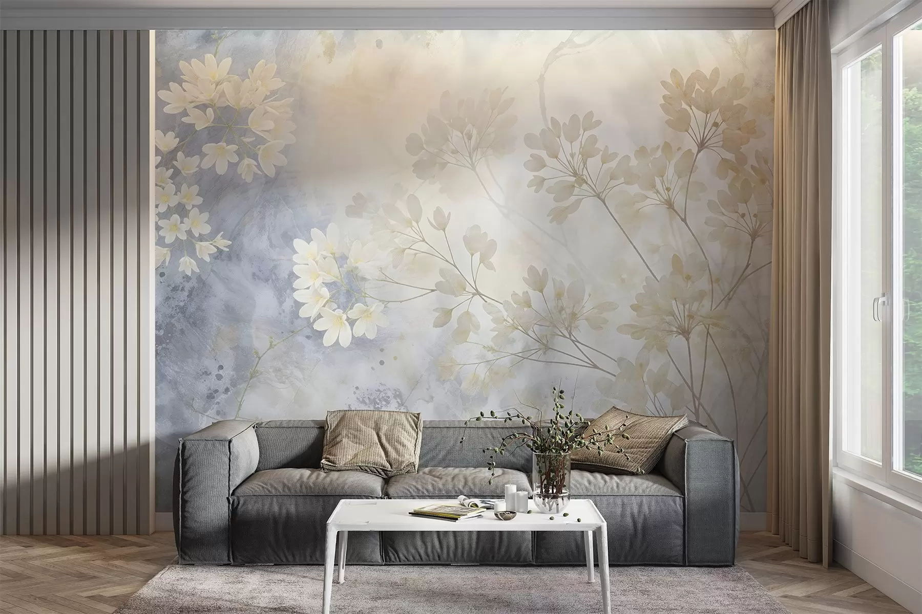 Fototapet Fint abstrakt pastelltryck av vita blommor på suddig bakgrund, mjukt och eteriskt w08408