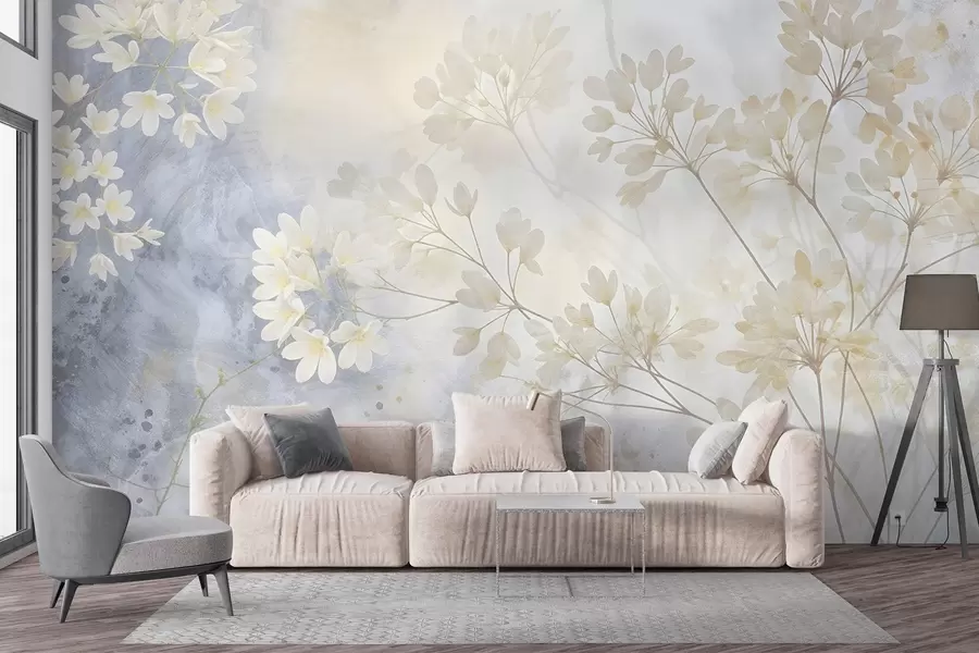 Fototapet Fint abstrakt pastelltryck av vita blommor på suddig bakgrund, mjukt och eteriskt w08408