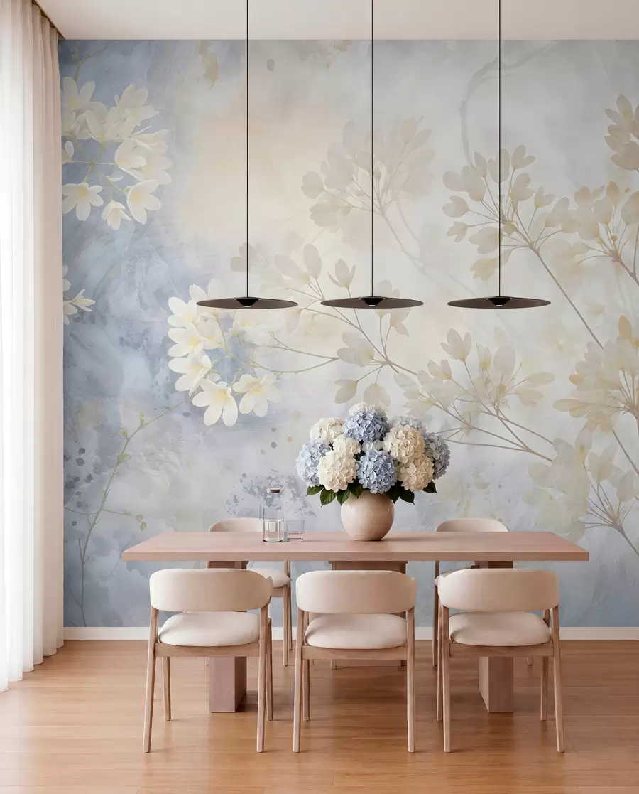 Fototapet Fint abstrakt pastelltryck av vita blommor på suddig bakgrund, mjukt och eteriskt w08408