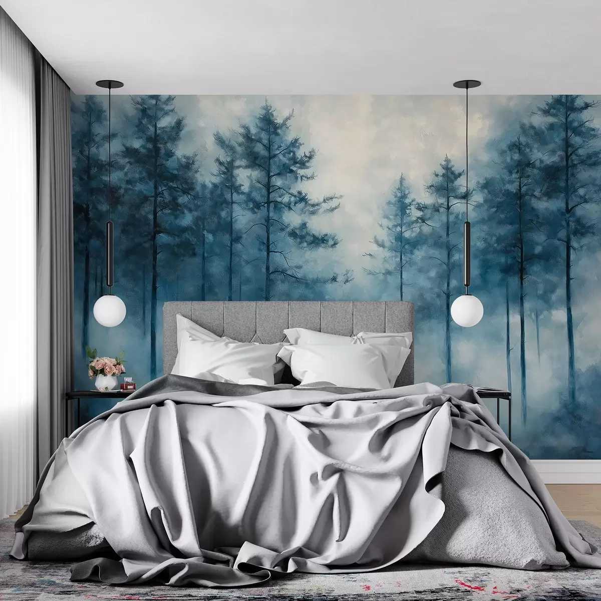 Fototapet Mystisk skog, tallar, dimma, akrylfärg, djupblå färger w02149