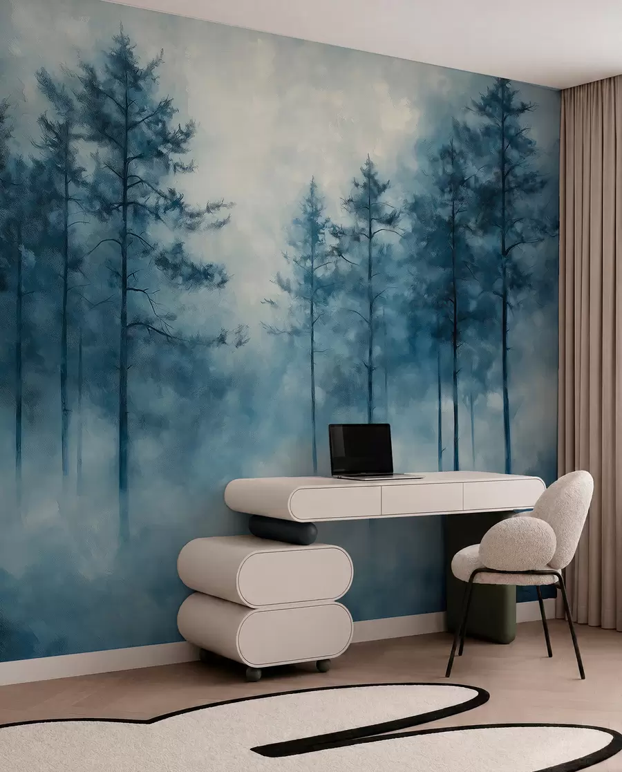 Fototapet Mystisk skog, tallar, dimma, akrylfärg, djupblå färger w02149