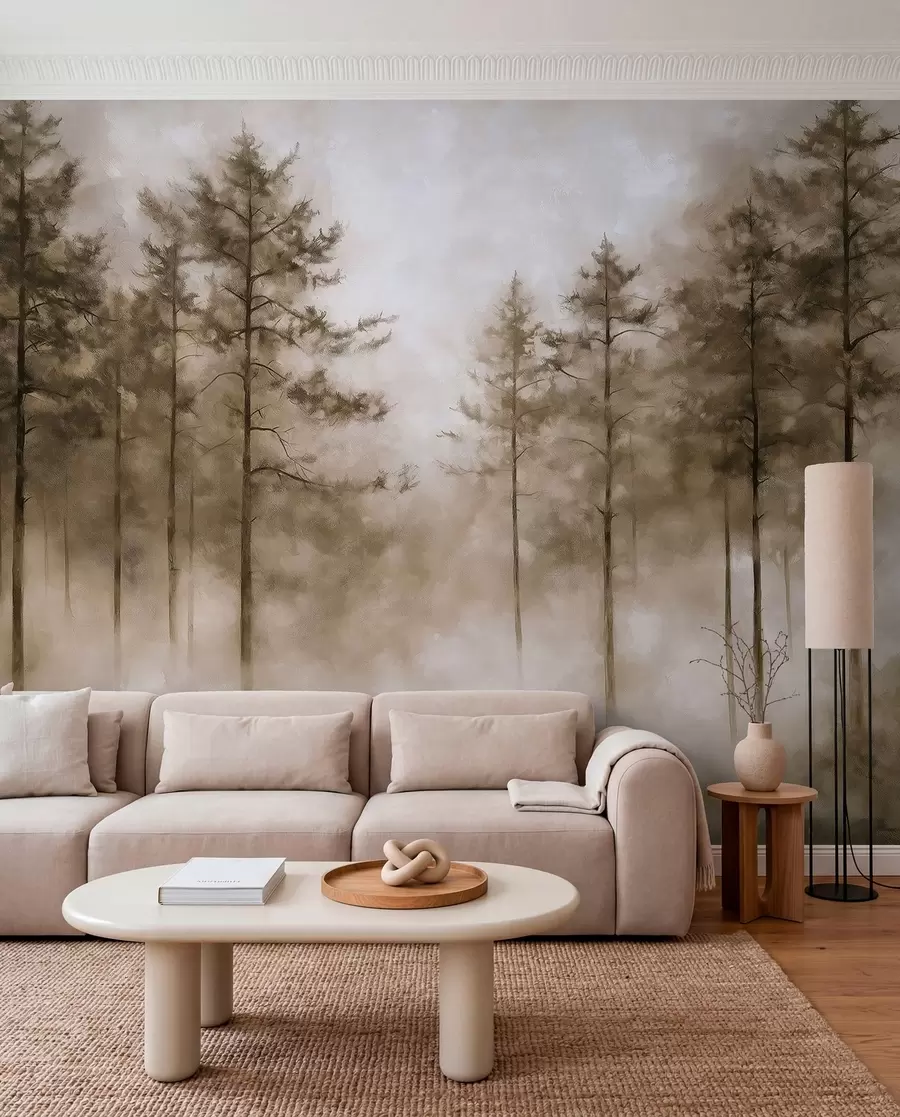 Fototapet Mystisk skog, tallar, dimma, akrylfärg, beige färger w02149v1