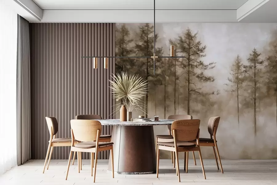 Fototapet Mystisk skog, tallar, dimma, akrylfärg, beige färger w02149v1