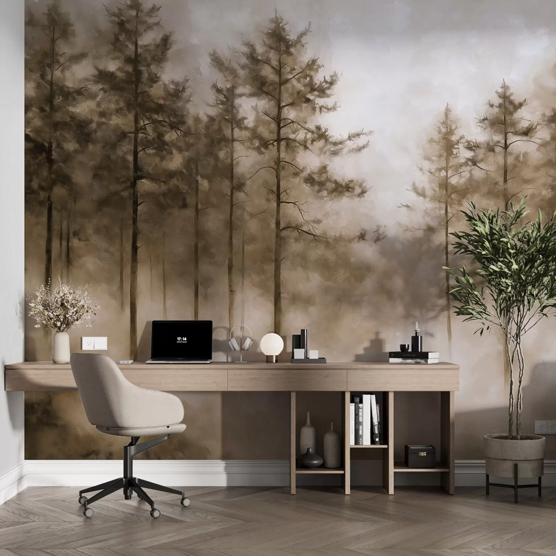 Fototapet Mystisk skog, tallar, dimma, akrylfärg, beige färger w02149v1