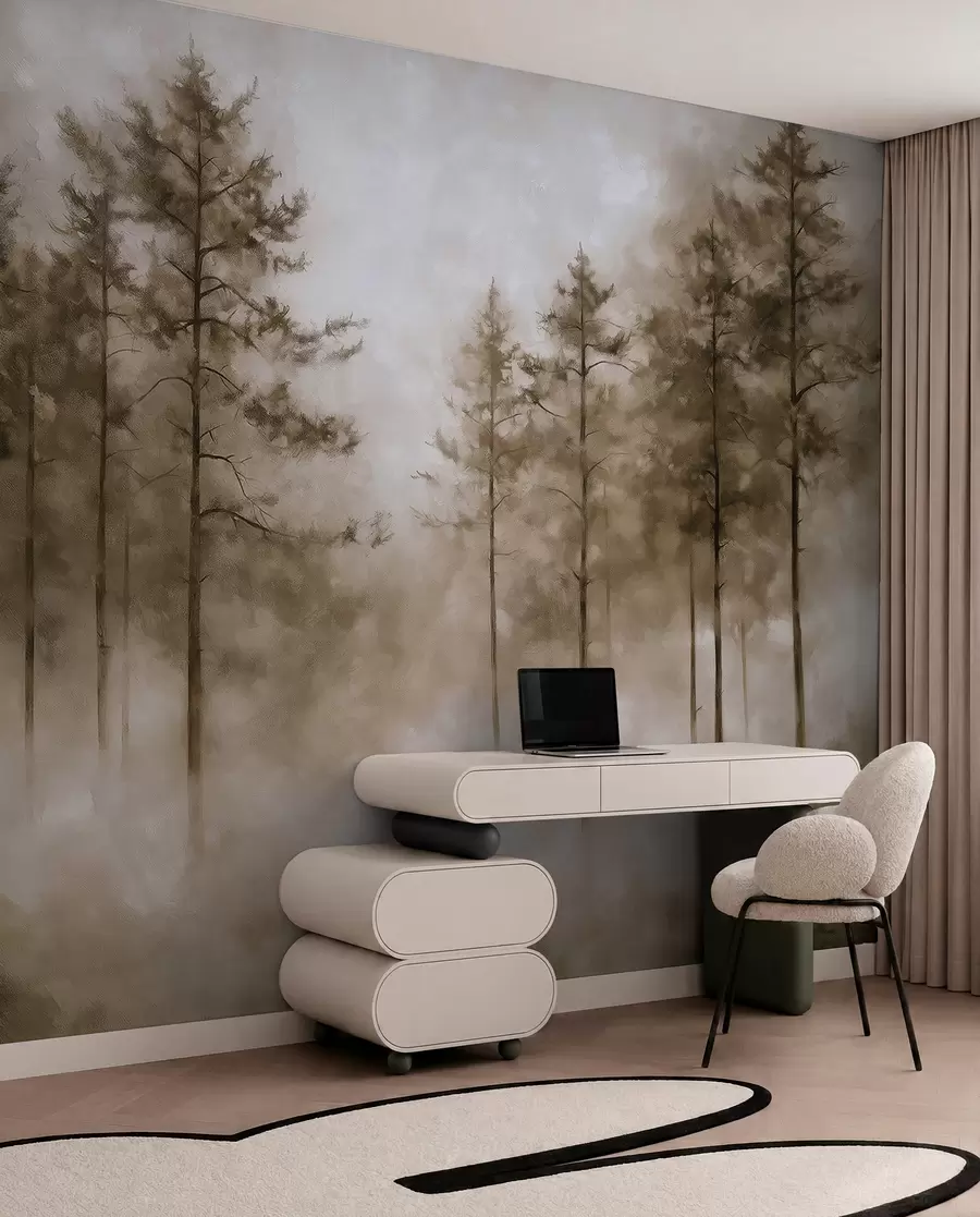 Fototapet Mystisk skog, tallar, dimma, akrylfärg, beige färger w02149v1