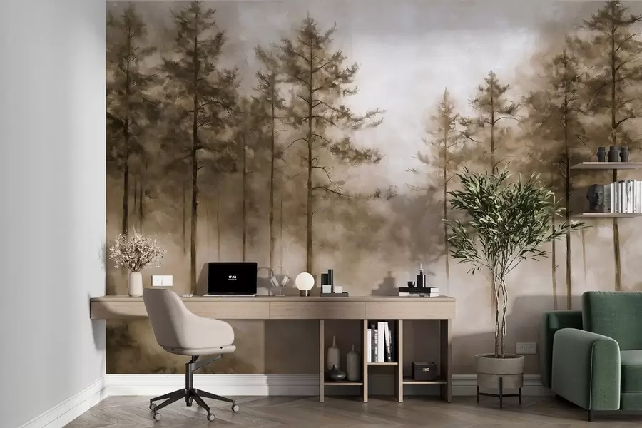 Fototapet Mystisk skog, tallar, dimma, akrylfärg, beige färger w02149v1