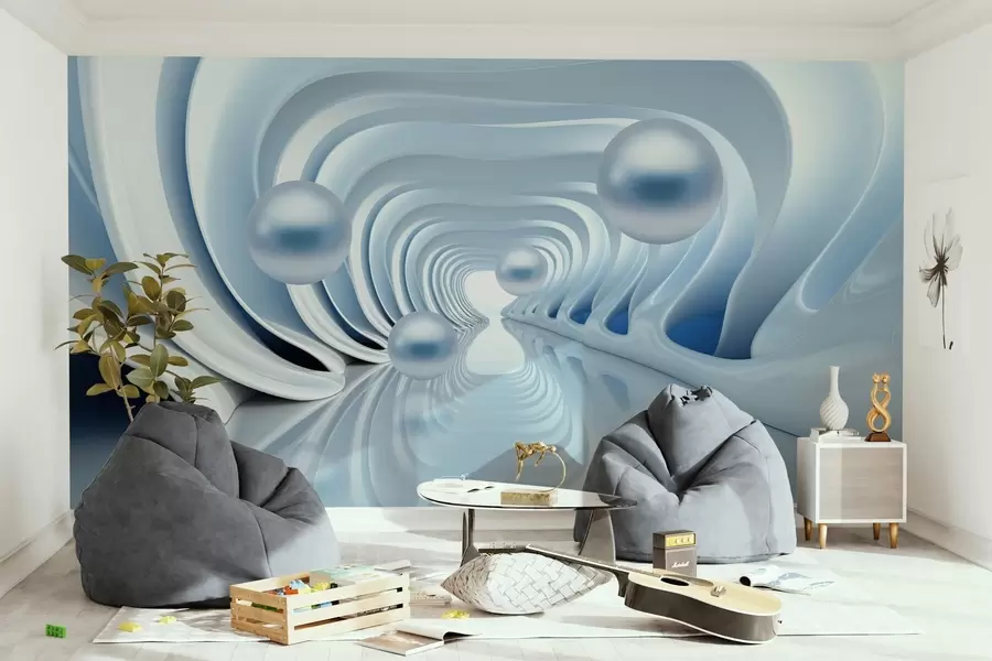 Fototapet Futuristisk tapet med ett panorama av tunneln i perspektiv och flygande pärlor w02134