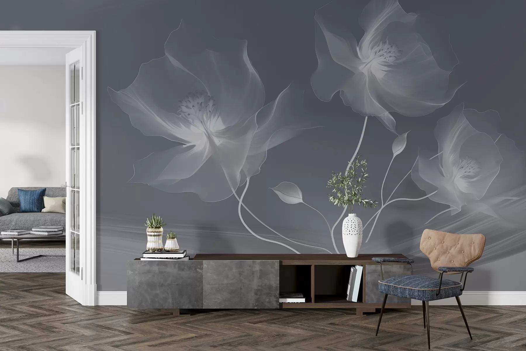 Fototapet Tre graciösa blommor med genomskinliga kronblad, sammanflätade med band av ljus och vind i blå toner w01932v2