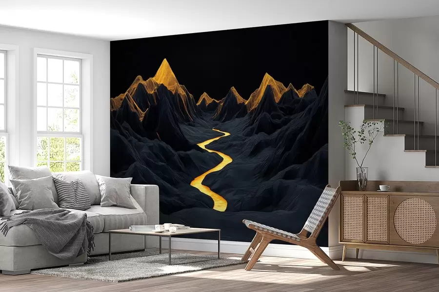 Fototapet Polygonalt svart landskap och en flod mellan bergen w02063