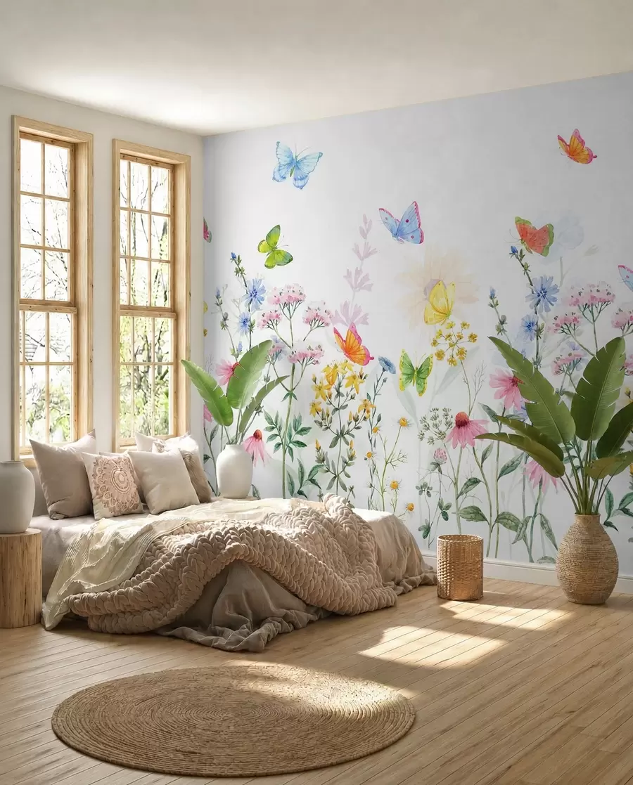 Fototapet Färgglada blommor och växter samt fjärilar w02238