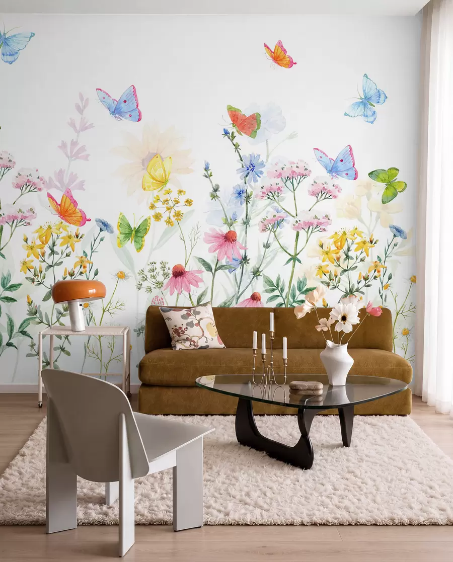 Fototapet Färgglada blommor och växter samt fjärilar w02238