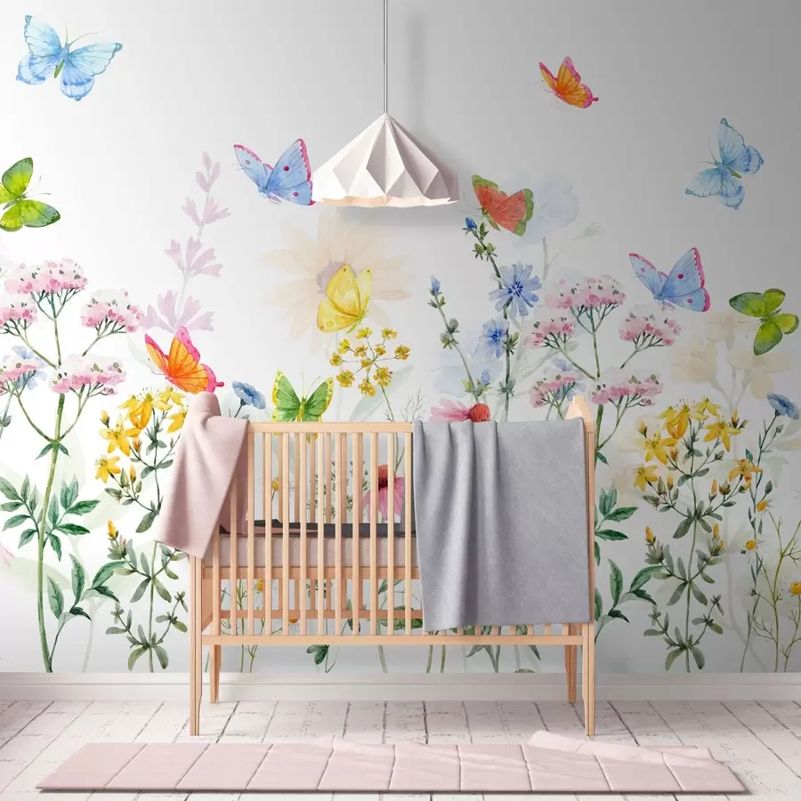Fototapet Färgglada blommor och växter samt fjärilar w02238