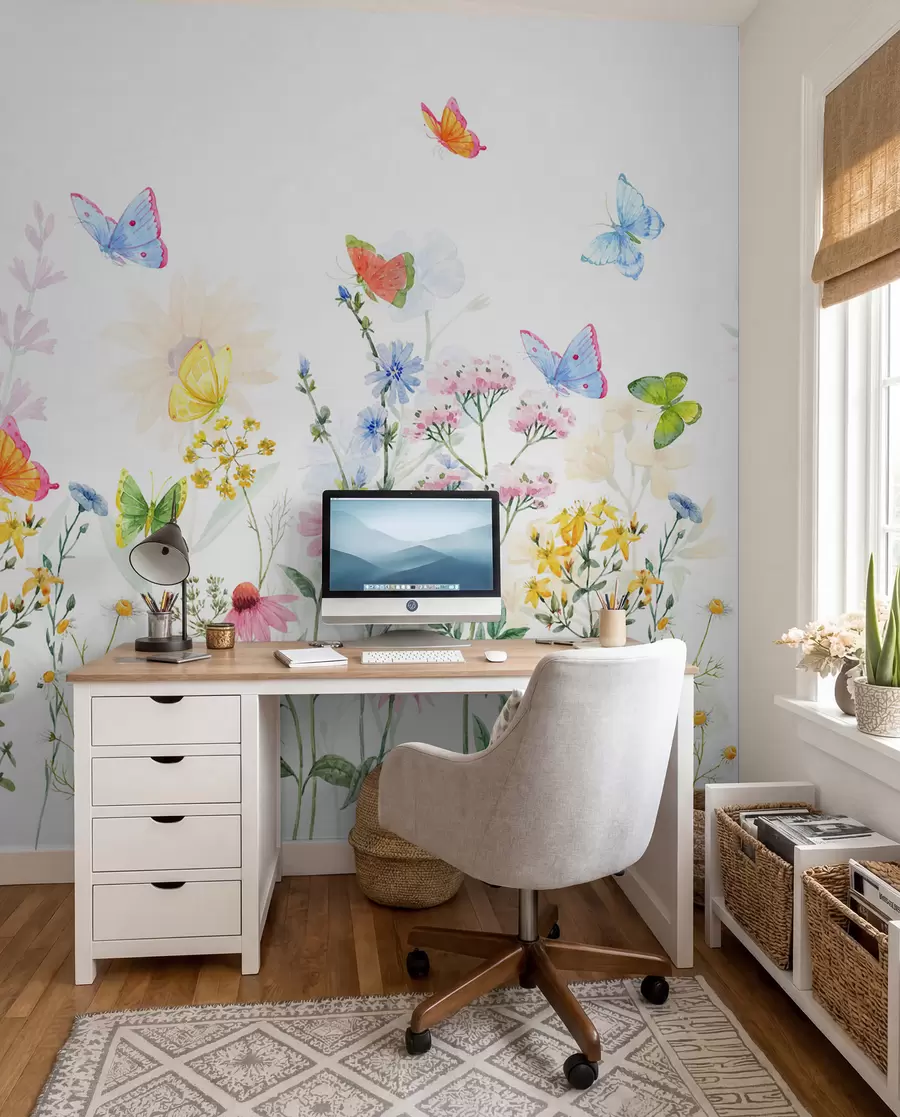 Fototapet Färgglada blommor och växter samt fjärilar w02238