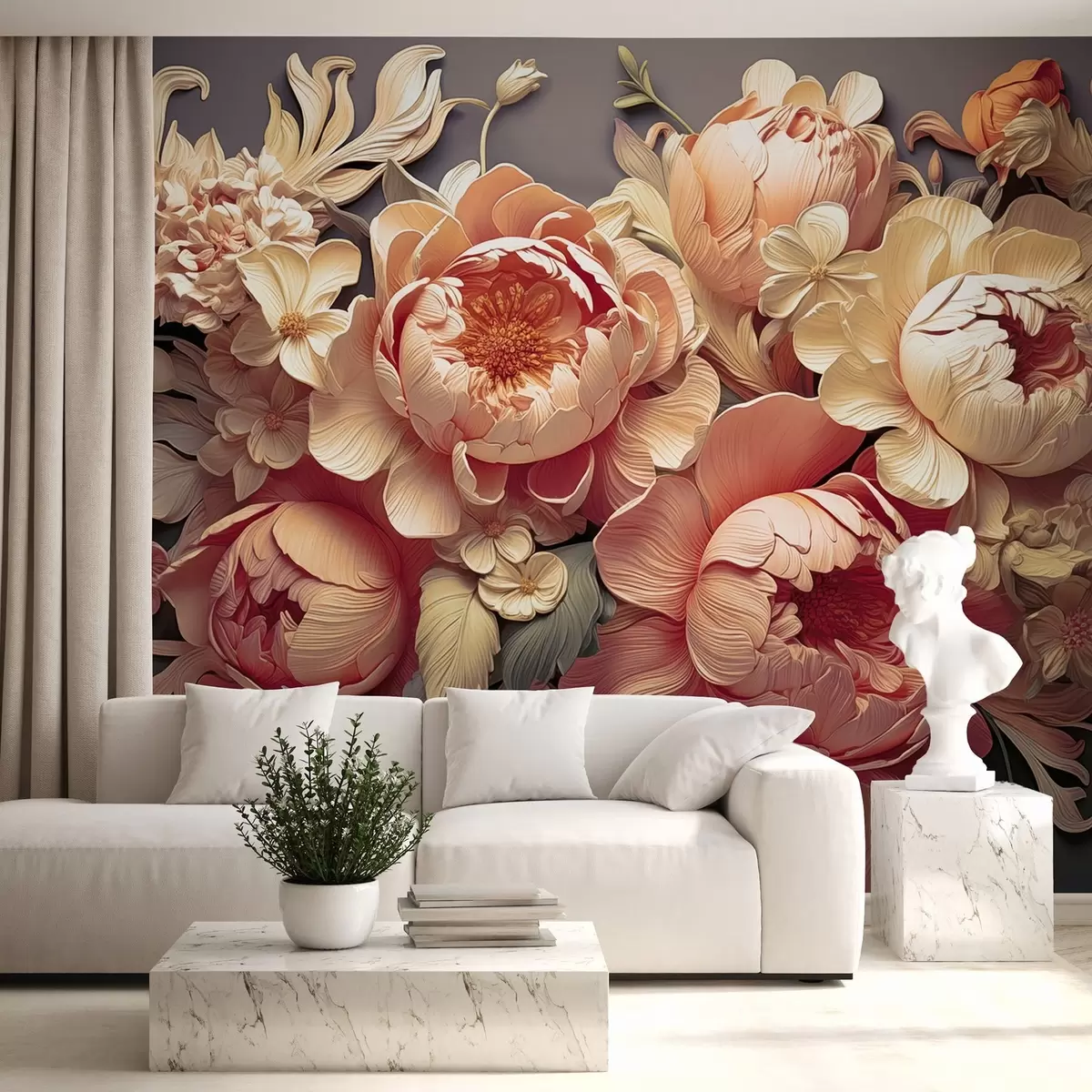 Fototapet Ett 3D-blomarrangemang med rosa-beige pioner och rokokorosor mot en mörk bakgrund w01933