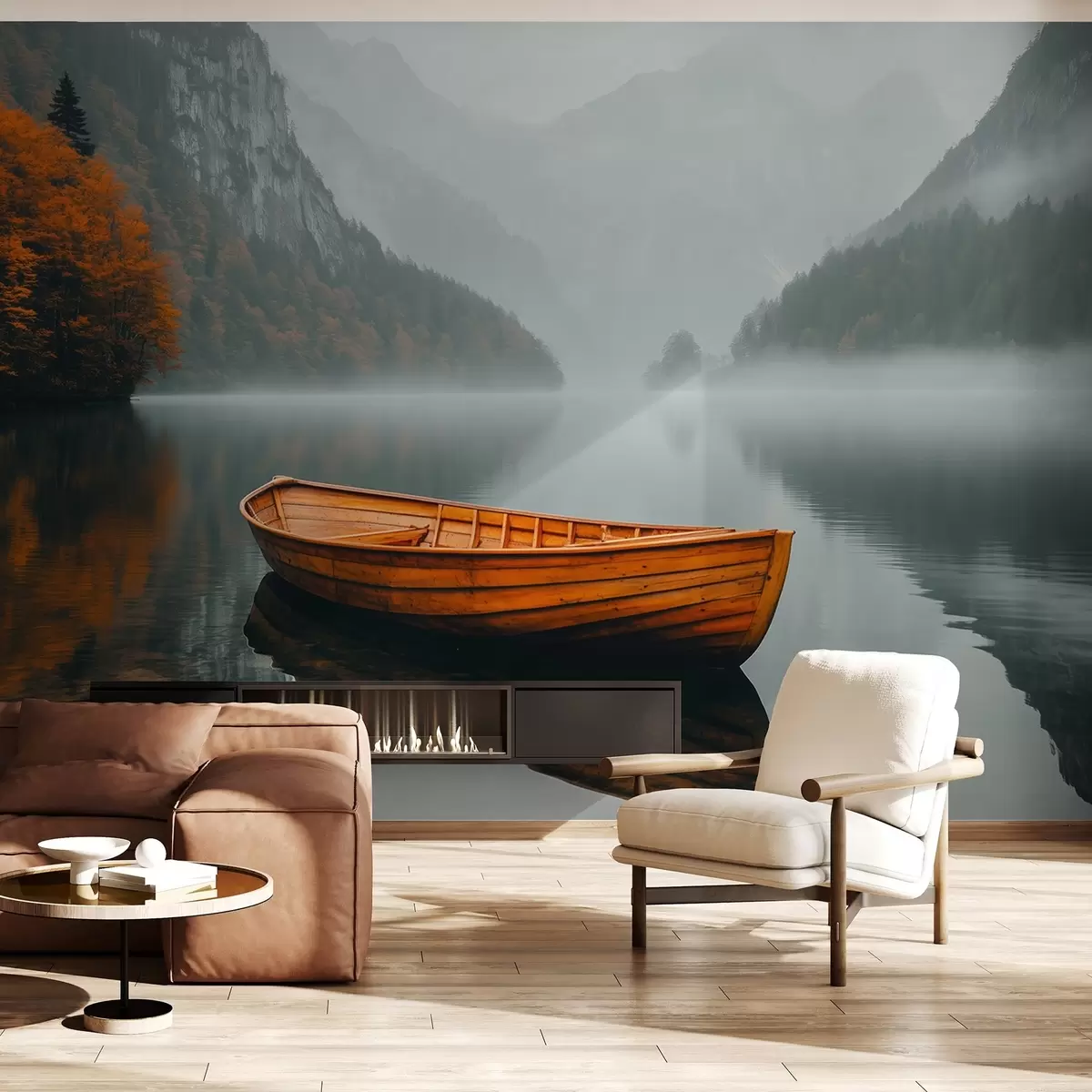 Fototapet En träbåt flyter på en sjö, omgiven av tjock dimma och berg bakom w02195