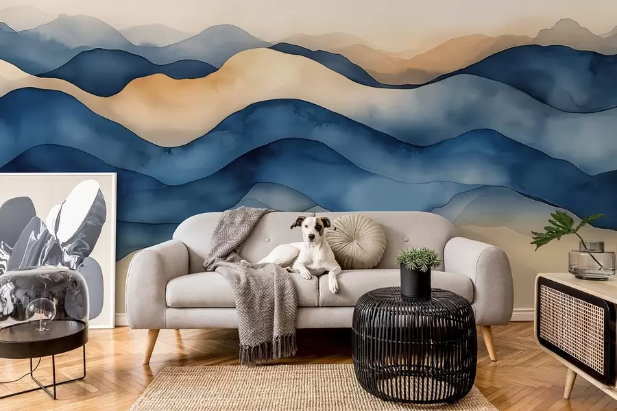 Fototapet Abstrakta blå-beige vågor som påminner om berg w02196