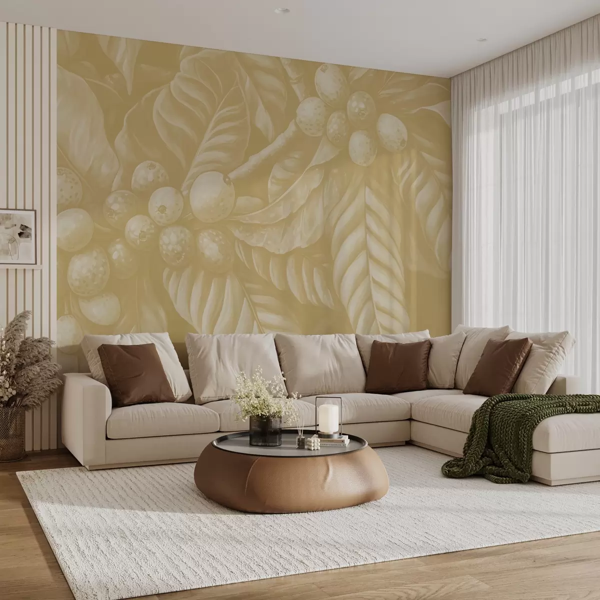 Fototapet Grenar av kaffeväxter med frukter och tropiska element i beige nyanser w02209v1