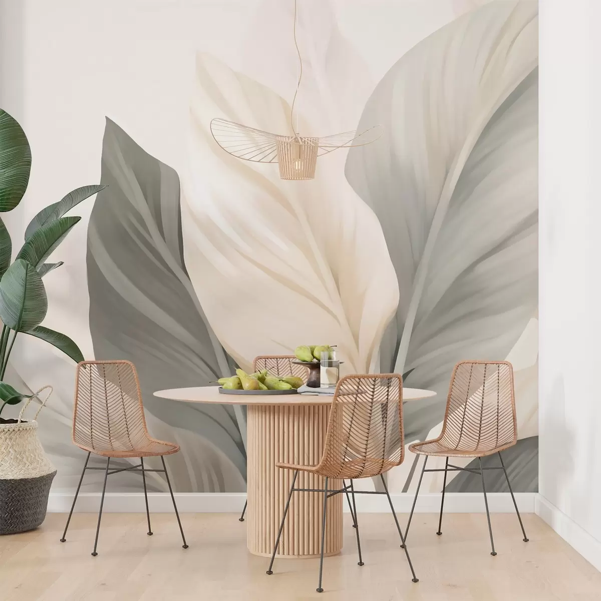 Fototapet Beige och grå löv på en ljus bakgrund w02217