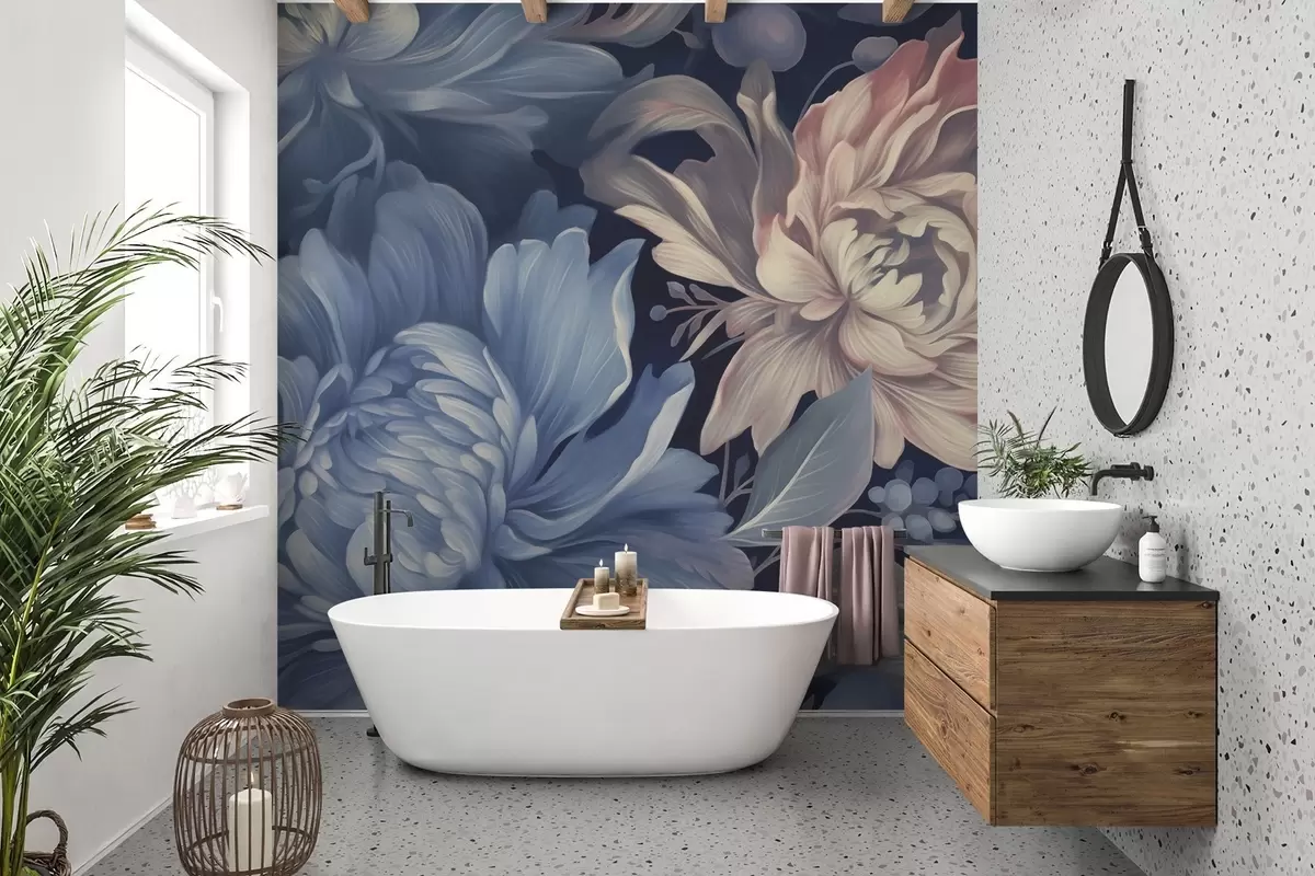 Fototapet Mörkblå bakgrund med stora pioner w02218