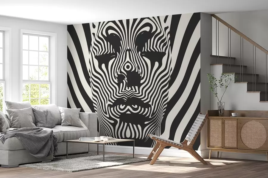 Fototapet Spaljé i op art-stil med abstrakt ansikte, vågiga linjer på ljus bakgrund w02285