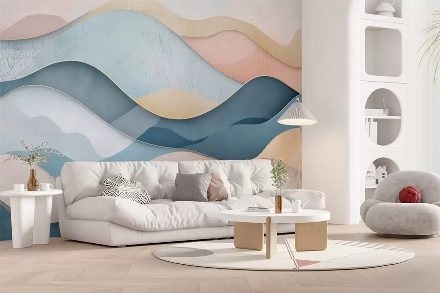 Fototapet Vågigt art deco-mönster i rosa och blå färger w02290