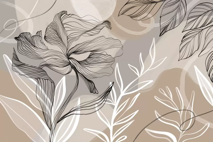 Fototapet Elegant blomstertryck med stora abstrakta linjer av blommor och blad i grå och beige nyanser på en ljus bakgrund w08413