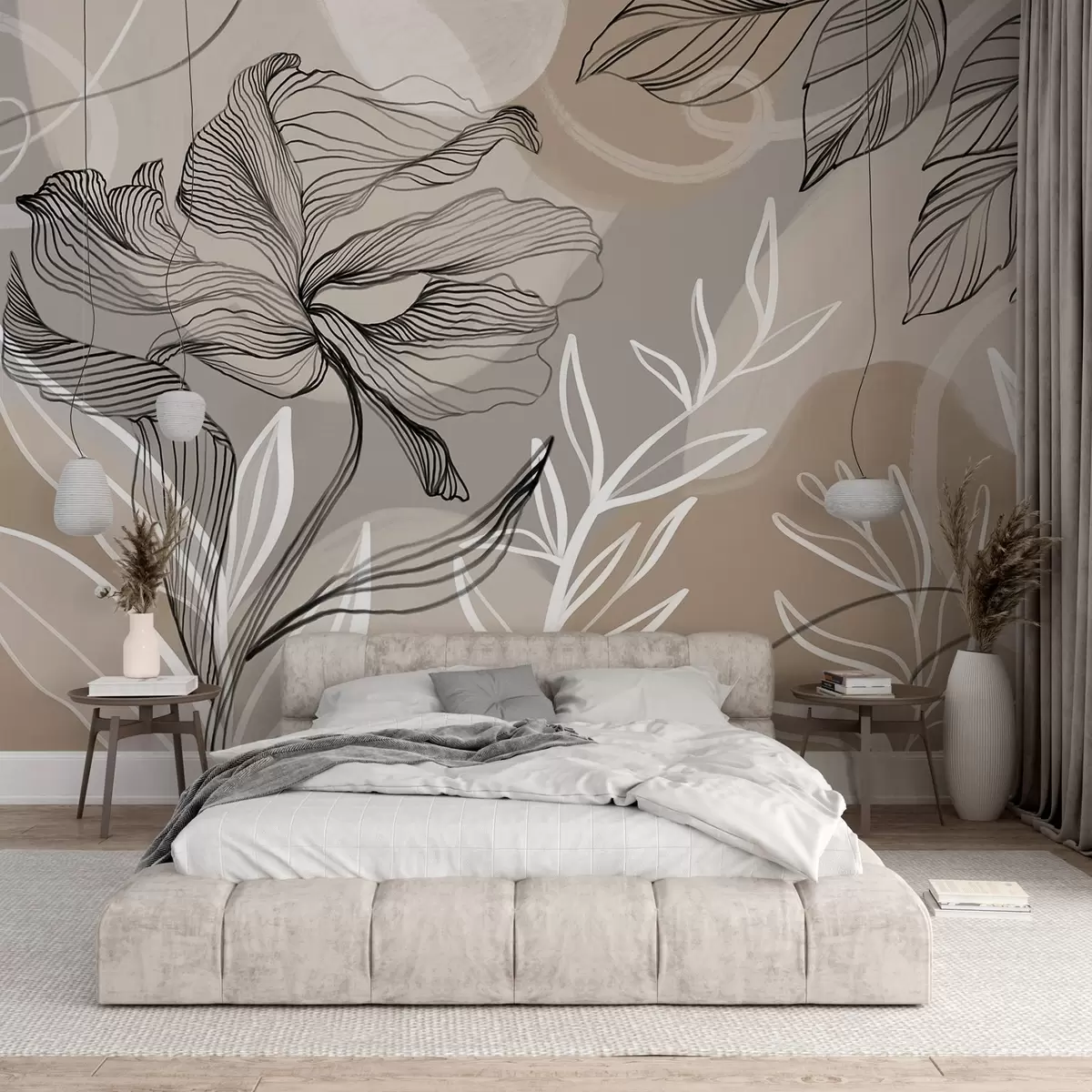 Fototapet Elegant blomstertryck med stora abstrakta linjer av blommor och blad i grå och beige nyanser på en ljus bakgrund w08413