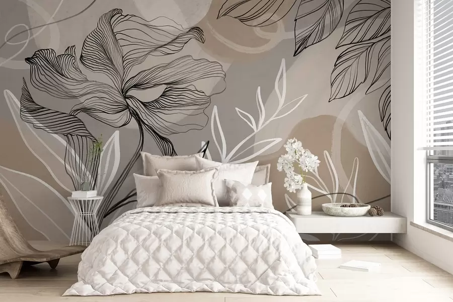 Fototapet Elegant blomstertryck med stora abstrakta linjer av blommor och blad i grå och beige nyanser på en ljus bakgrund w08413