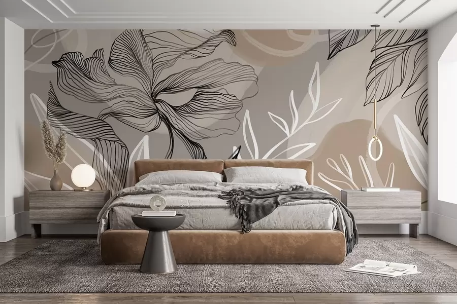 Fototapet Elegant blomstertryck med stora abstrakta linjer av blommor och blad i grå och beige nyanser på en ljus bakgrund w08413