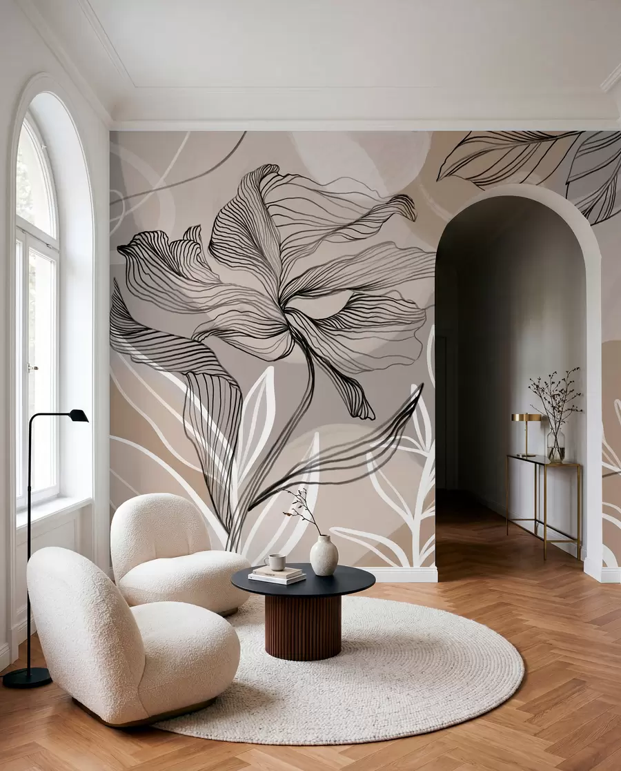 Fototapet Elegant blomstertryck med stora abstrakta linjer av blommor och blad i grå och beige nyanser på en ljus bakgrund w08413