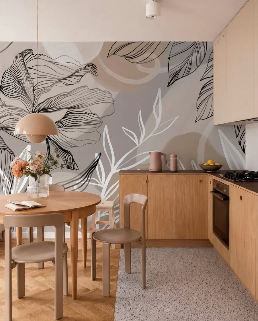 Fototapet Elegant blomstertryck med stora abstrakta linjer av blommor och blad i grå och beige nyanser på en ljus bakgrund w08413