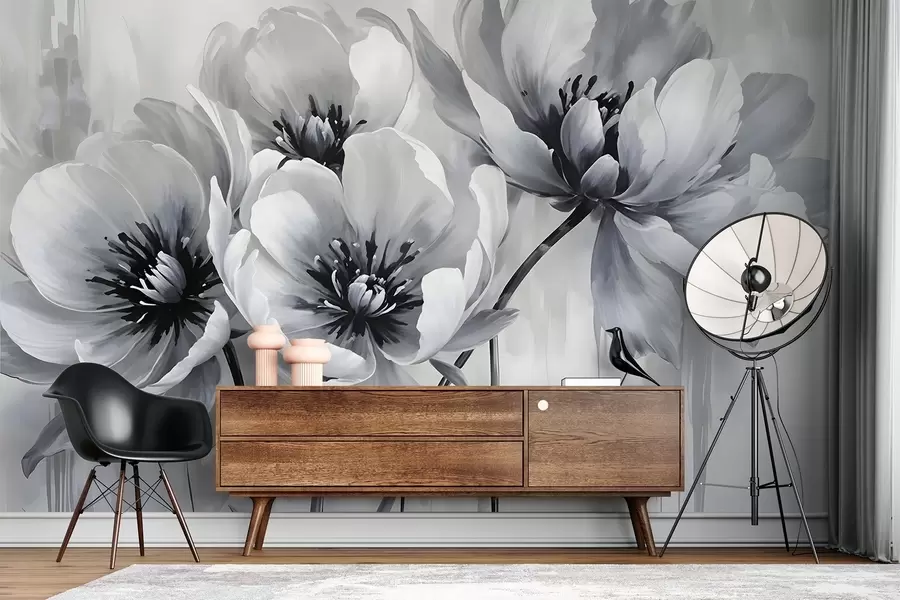 Fototapet Monokroma tulpanblommor med mjuka, suddiga kronblad mot en ljus bakgrund w08418