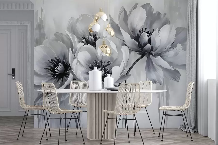 Fototapet Monokroma tulpanblommor med mjuka, suddiga kronblad mot en ljus bakgrund w08418