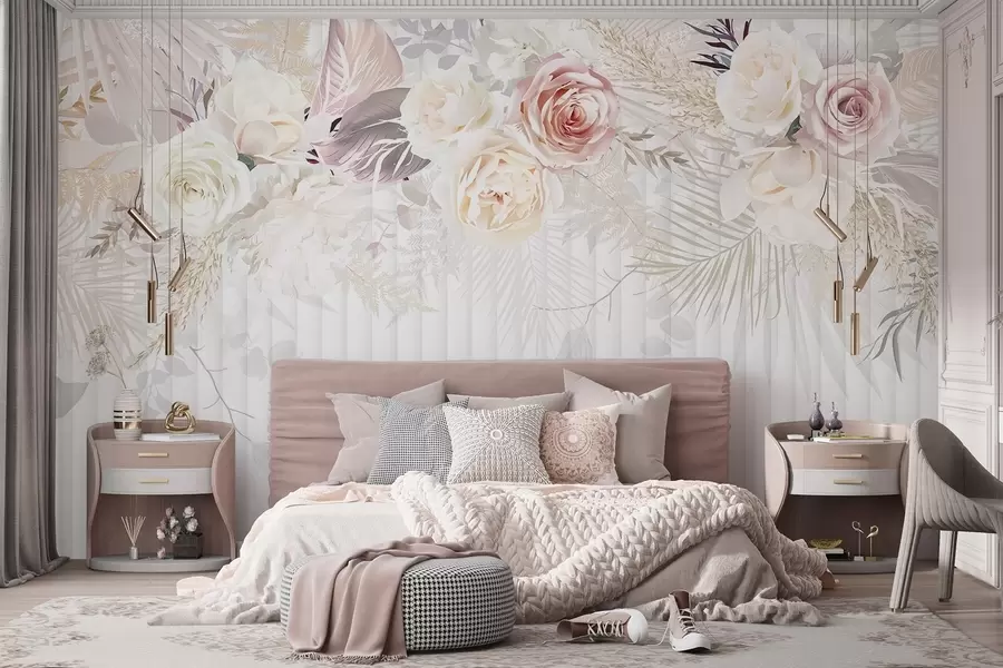 Fototapet Ett blomsterarrangemang med rosa och vita rosor, palmblad och andra tropiska bladverk mot en vit bakgrund w08425