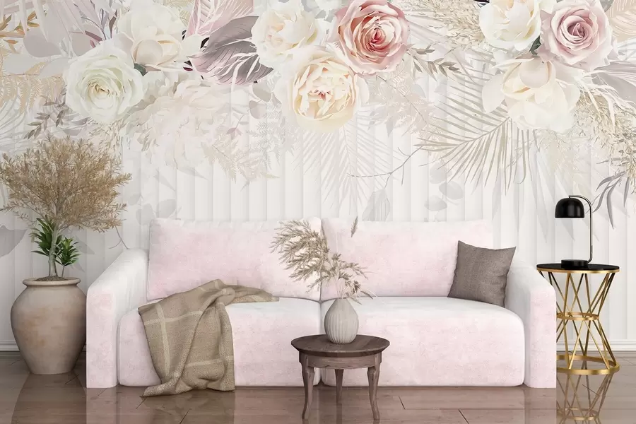Fototapet Ett blomsterarrangemang med rosa och vita rosor, palmblad och andra tropiska bladverk mot en vit bakgrund w08425