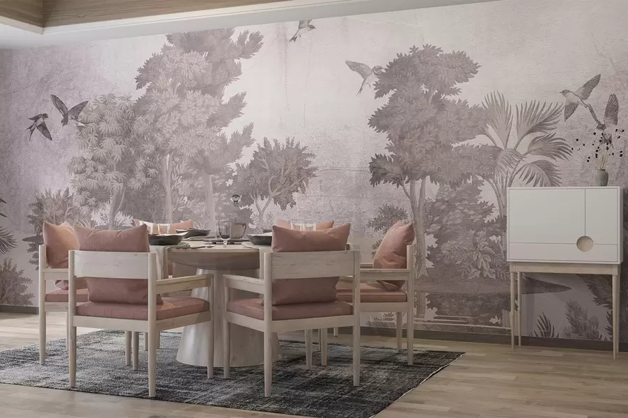 Fototapet Ett tryck i skogslandskap med en sjö omgiven av tallar och andra lövverk på en beige bakgrund med textur w08426