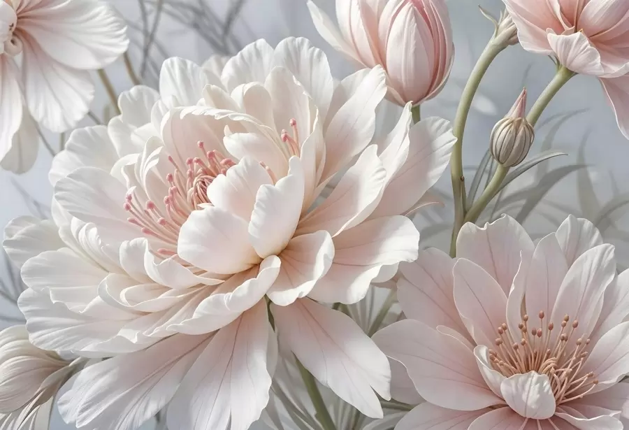 Fototapet Stora, skira vita och rosa pionblommor med mjuka, fluffiga kronblad mot en suddig grå bakgrund w08427