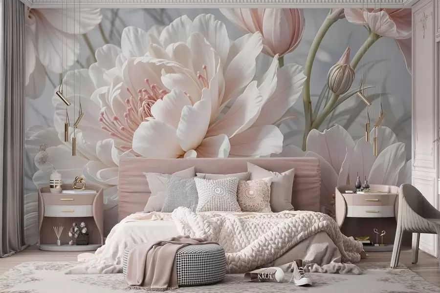 Fototapet Stora, skira vita och rosa pionblommor med mjuka, fluffiga kronblad mot en suddig grå bakgrund w08427