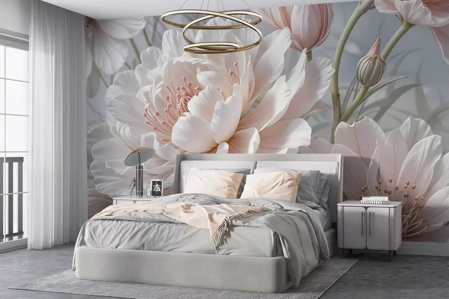 Fototapet Stora, skira vita och rosa pionblommor med mjuka, fluffiga kronblad mot en suddig grå bakgrund w08427