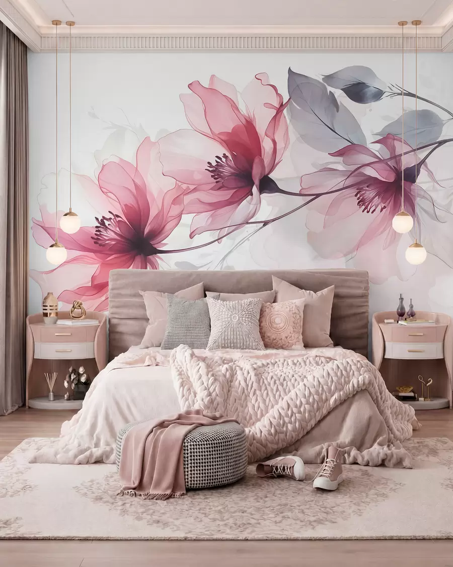 Fototapet Fina genomskinliga rosa och grå blommor med mjuka, suddiga kronblad på vit bakgrund w08429
