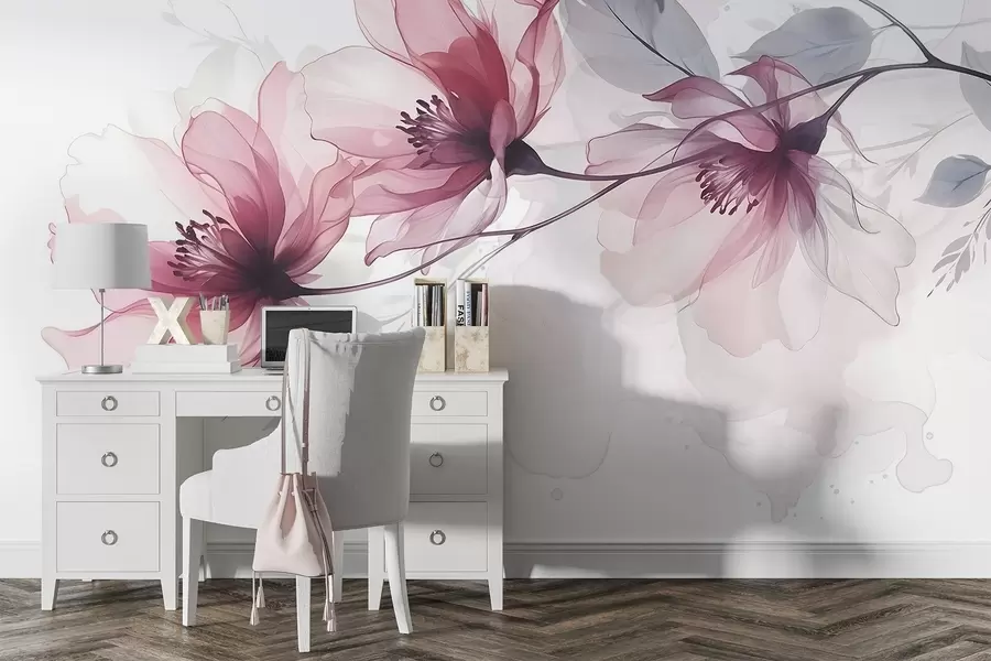 Fototapet Fina genomskinliga rosa och grå blommor med mjuka, suddiga kronblad på vit bakgrund w08429