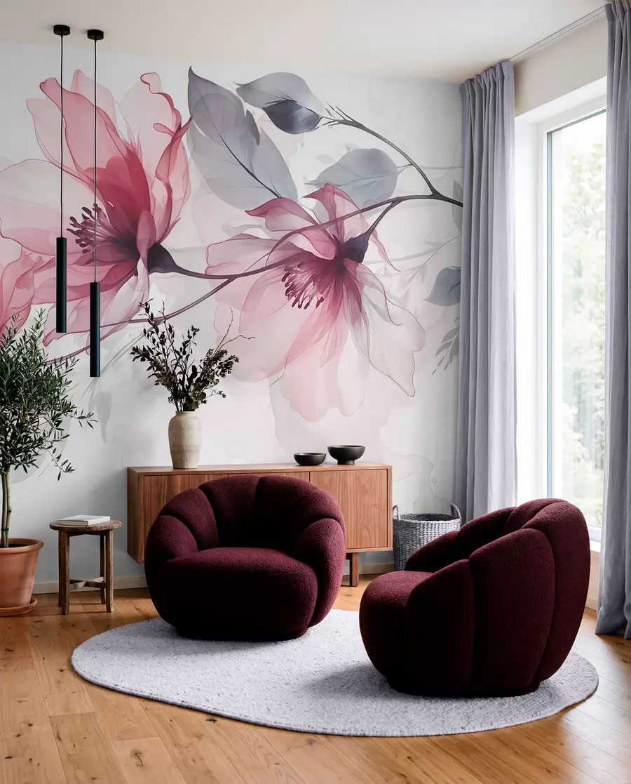 Fototapet Fina genomskinliga rosa och grå blommor med mjuka, suddiga kronblad på vit bakgrund w08429