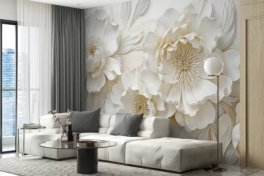 Fototapet Eleganta voluminösa vita pionblommor i imitation med mjuka kronblad och pastellgul mitt, mot en ljus bakgrund w08431