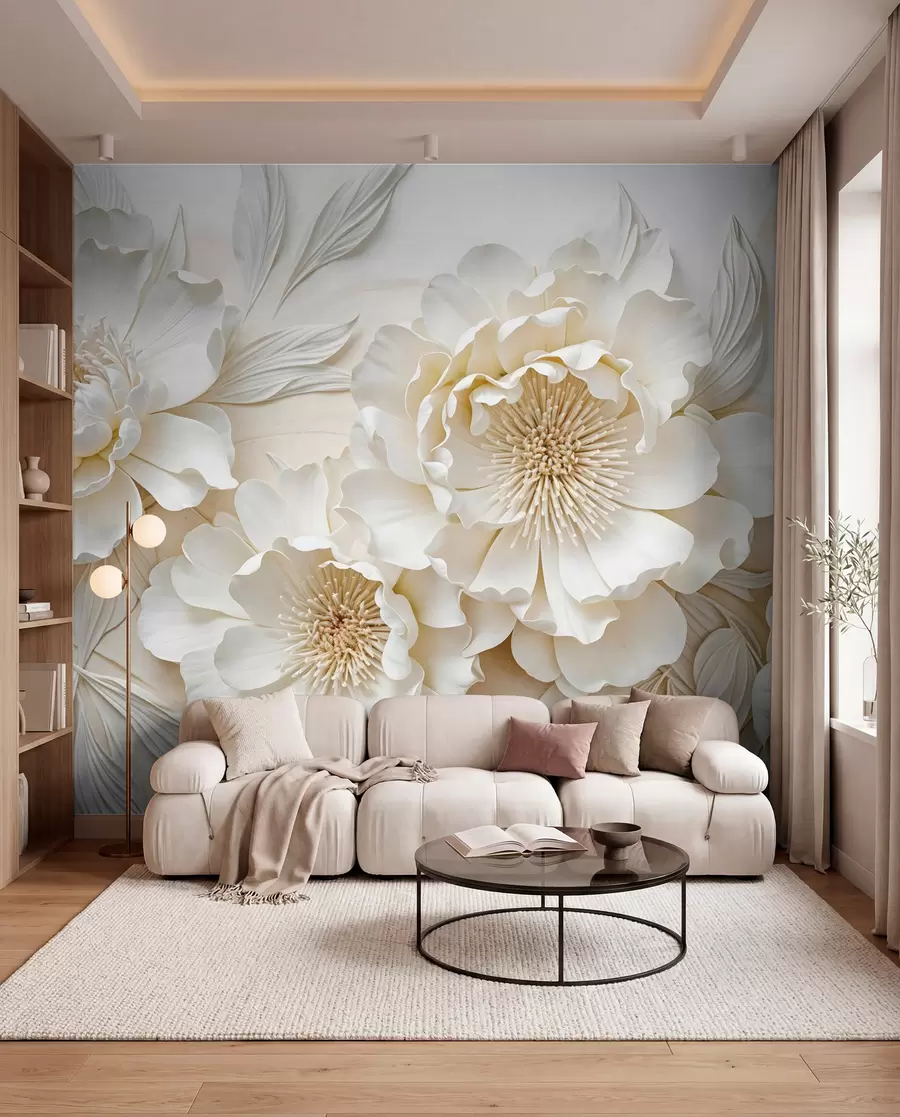 Fototapet Eleganta voluminösa vita pionblommor i imitation med mjuka kronblad och pastellgul mitt, mot en ljus bakgrund w08431