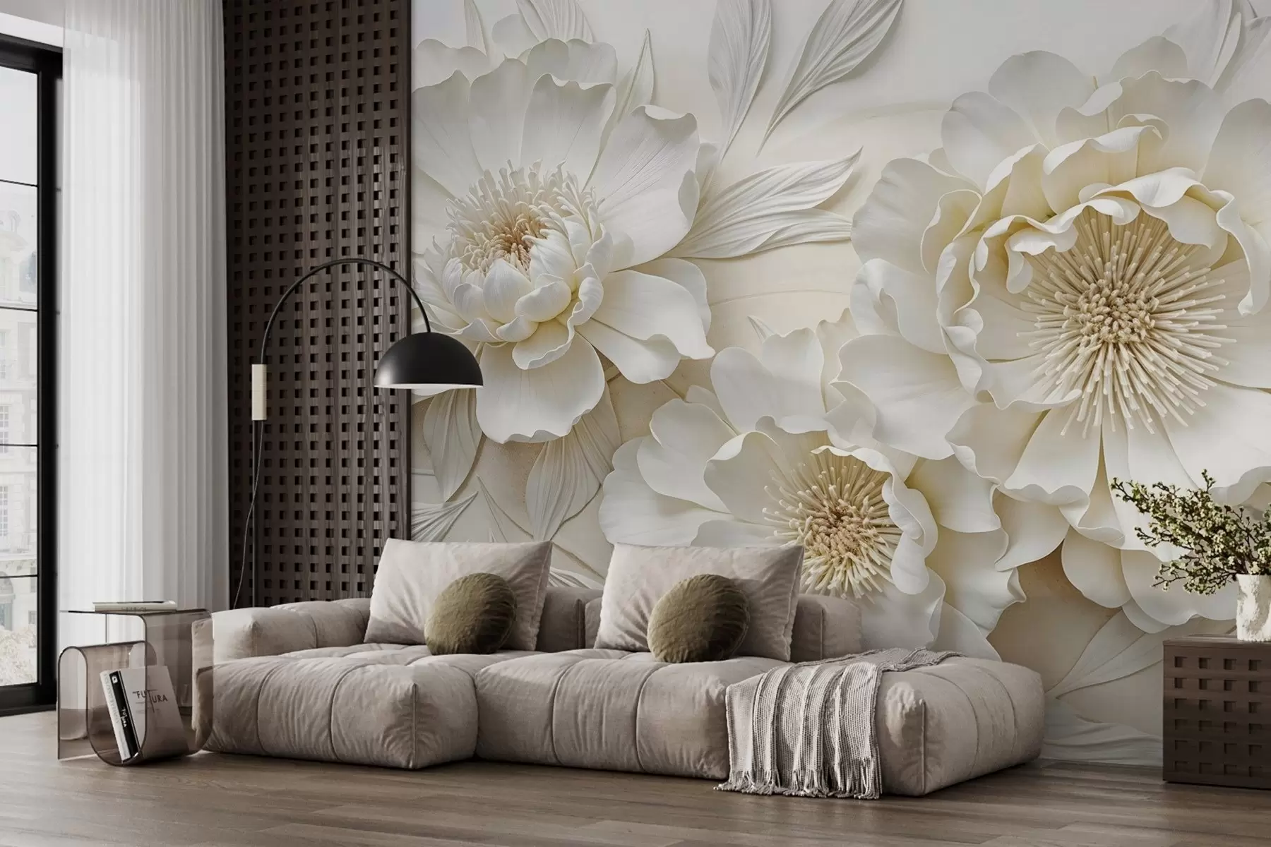 Fototapet Eleganta voluminösa vita pionblommor i imitation med mjuka kronblad och pastellgul mitt, mot en ljus bakgrund w08431