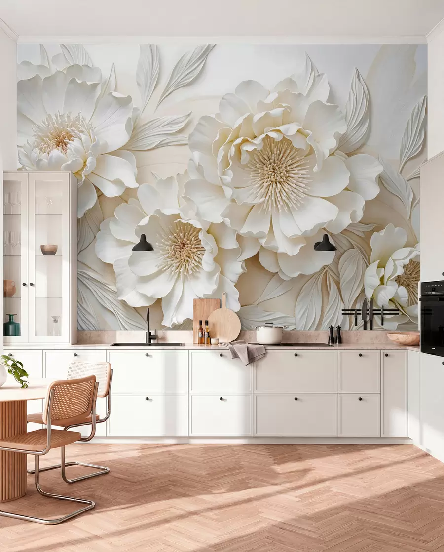 Fototapet Eleganta voluminösa vita pionblommor i imitation med mjuka kronblad och pastellgul mitt, mot en ljus bakgrund w08431