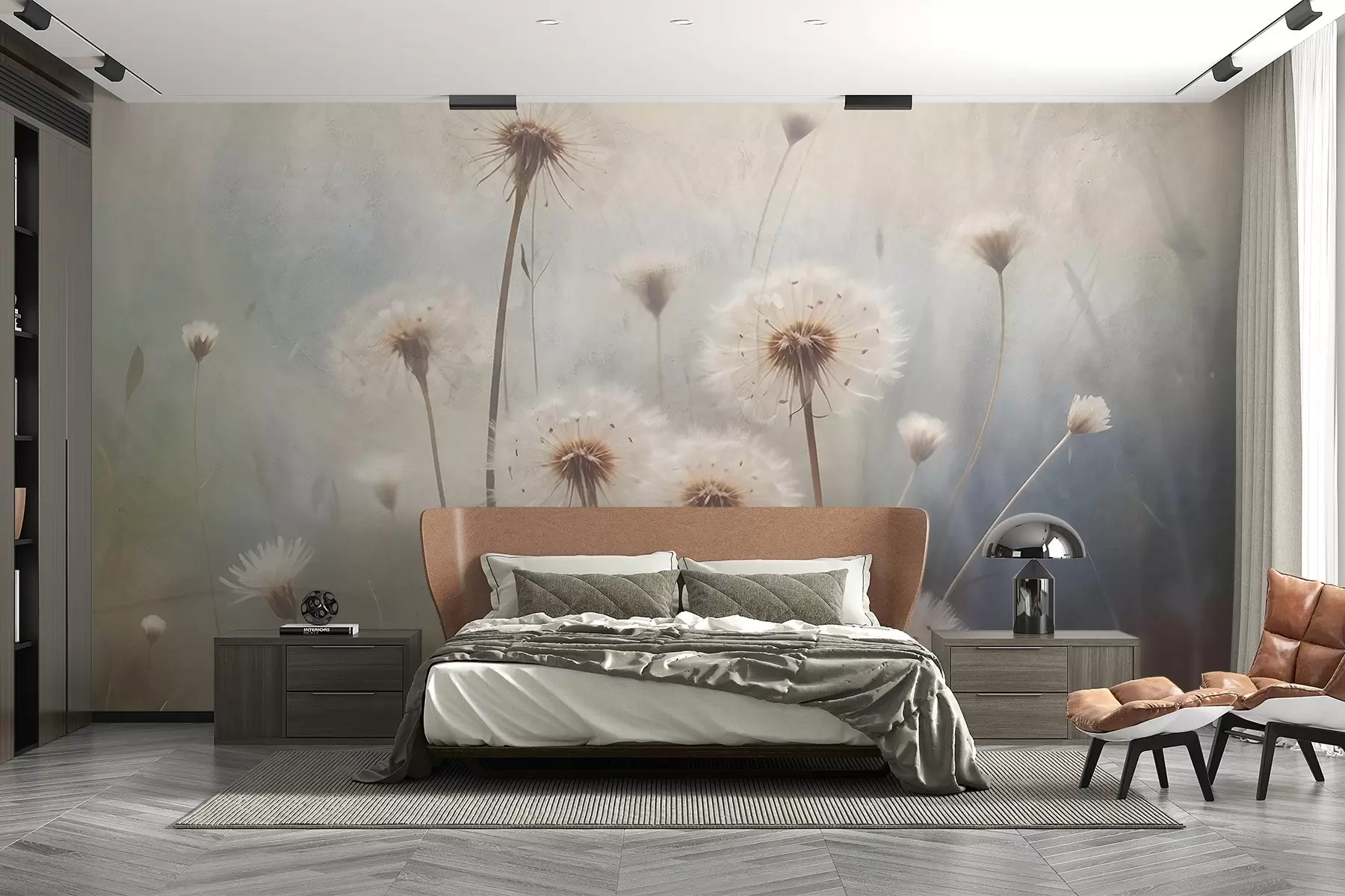 Fototapet Maskrosblommor i mjukt fokus på ett fält, med en suddig pastellfärgad texturerad bakgrund w08432