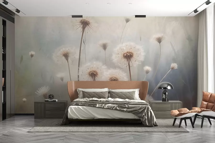 Fototapet Maskrosblommor i mjukt fokus på ett fält, med en suddig pastellfärgad texturerad bakgrund w08432